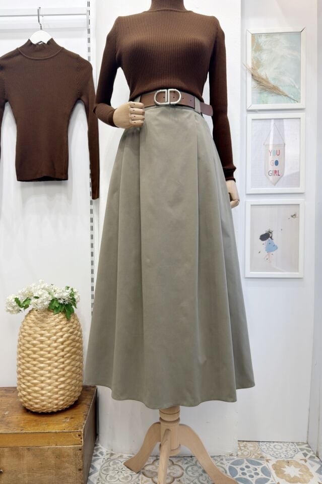 Çağla Yeşili Deri Kemerli Verdant Gabardin Etek