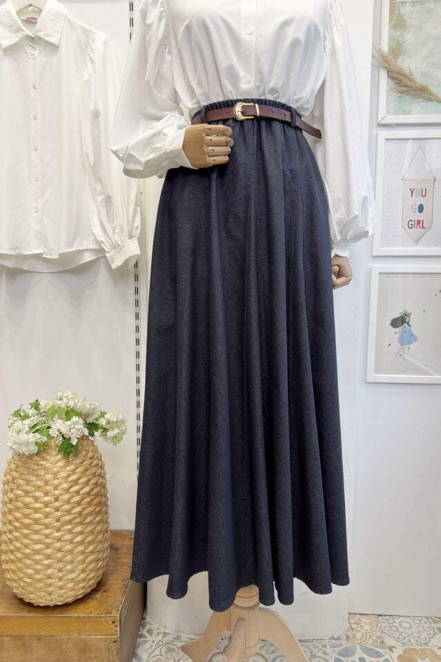 Lacivert İnce Kemerli Kot Etek