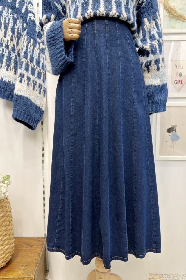 Koyu Renk Dikiş Detaylı Kalem Kot Etek