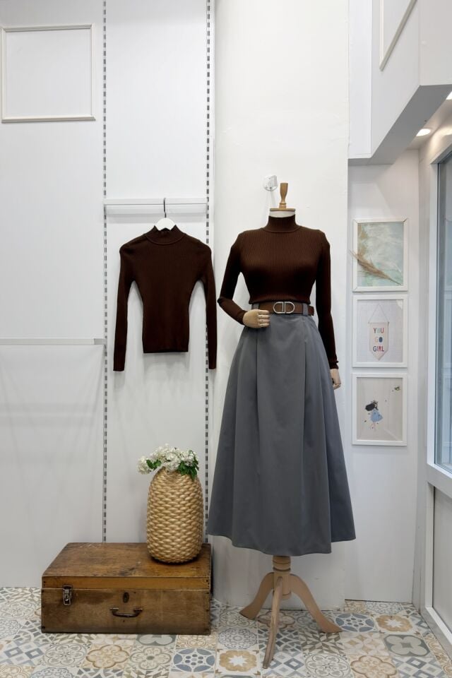 Gri Deri Kemerli Verdant Gabardin Etek