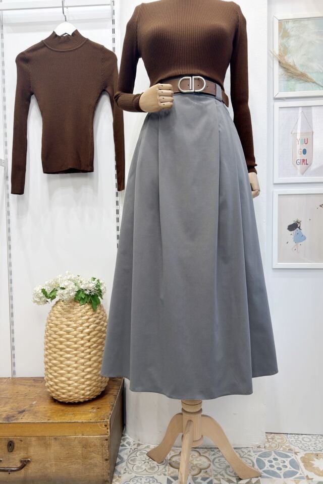 Gri Deri Kemerli Verdant Gabardin Etek