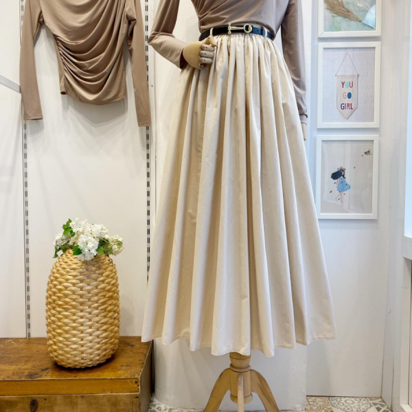 Krem Kemerli Sık Pileli Etek
