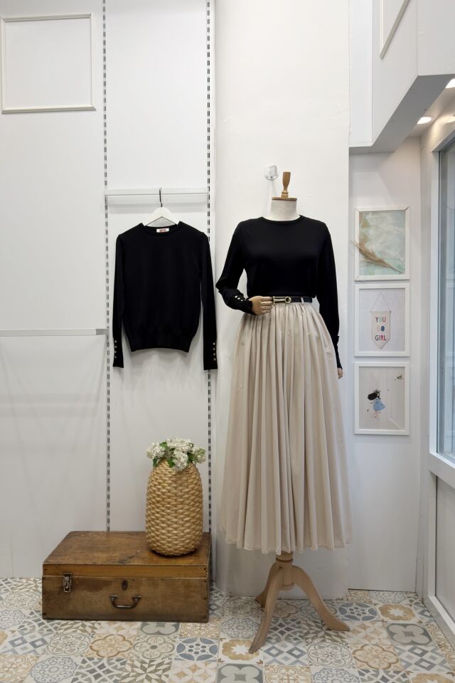 Krem Kemerli Sık Pileli Etek