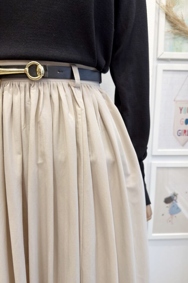 Krem Kemerli Sık Pileli Etek