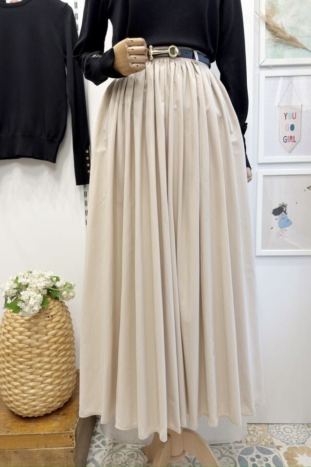 Krem Kemerli Sık Pileli Etek