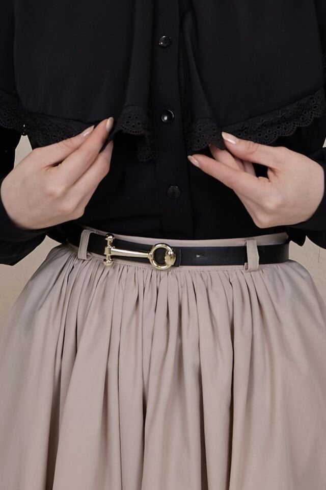 Krem Kemerli Sık Pileli Etek