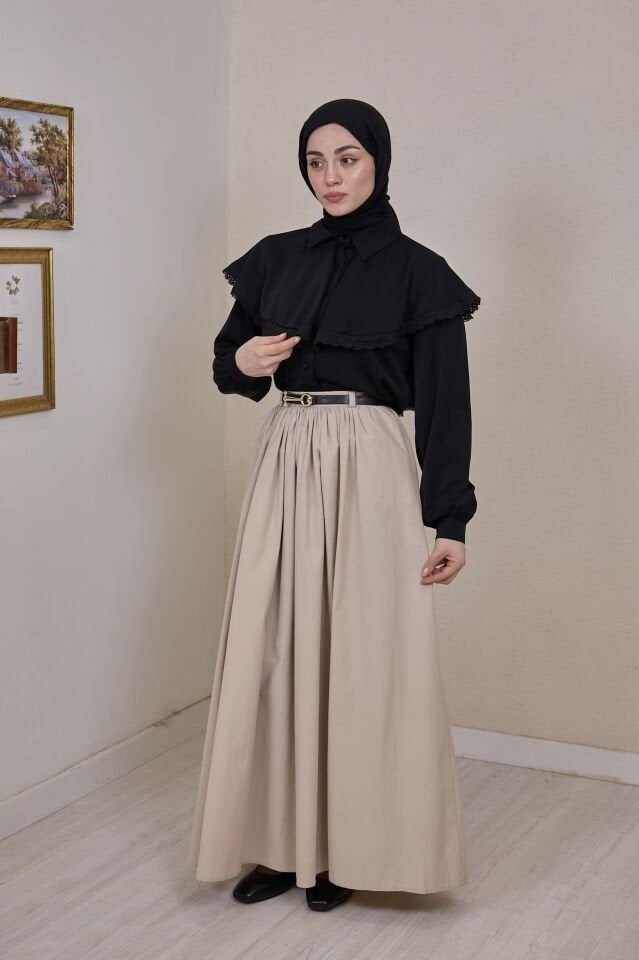 Krem Kemerli Sık Pileli Etek