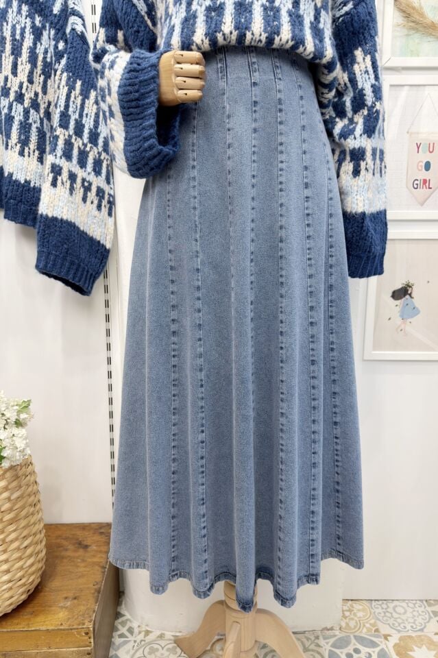 Açık Renk Dikiş Detaylı Kalem Kot Etek