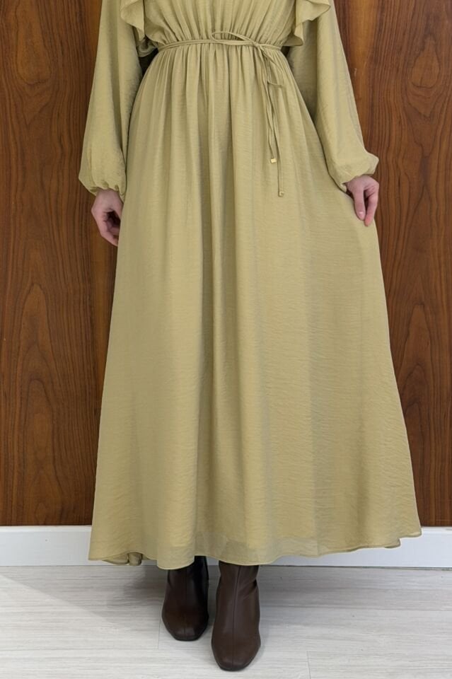 Yağ Yeşili Arvella Şifon Volanlı Elbise