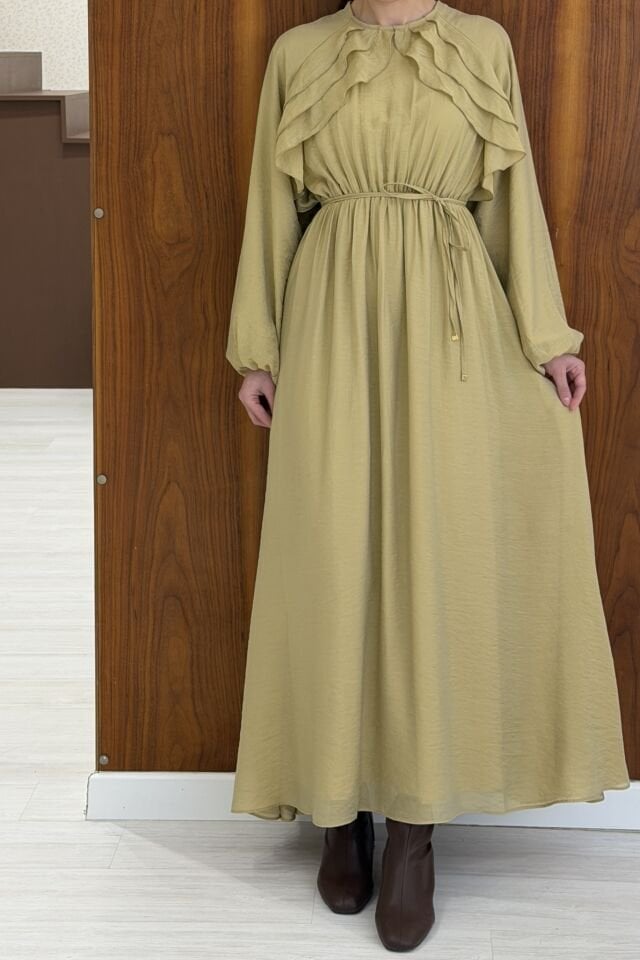 Yağ Yeşili Arvella Şifon Volanlı Elbise