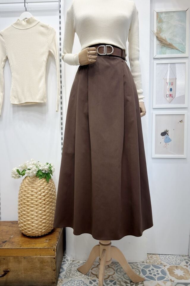 Kahverengi Deri Kemerli Verdant Gabardin Etek