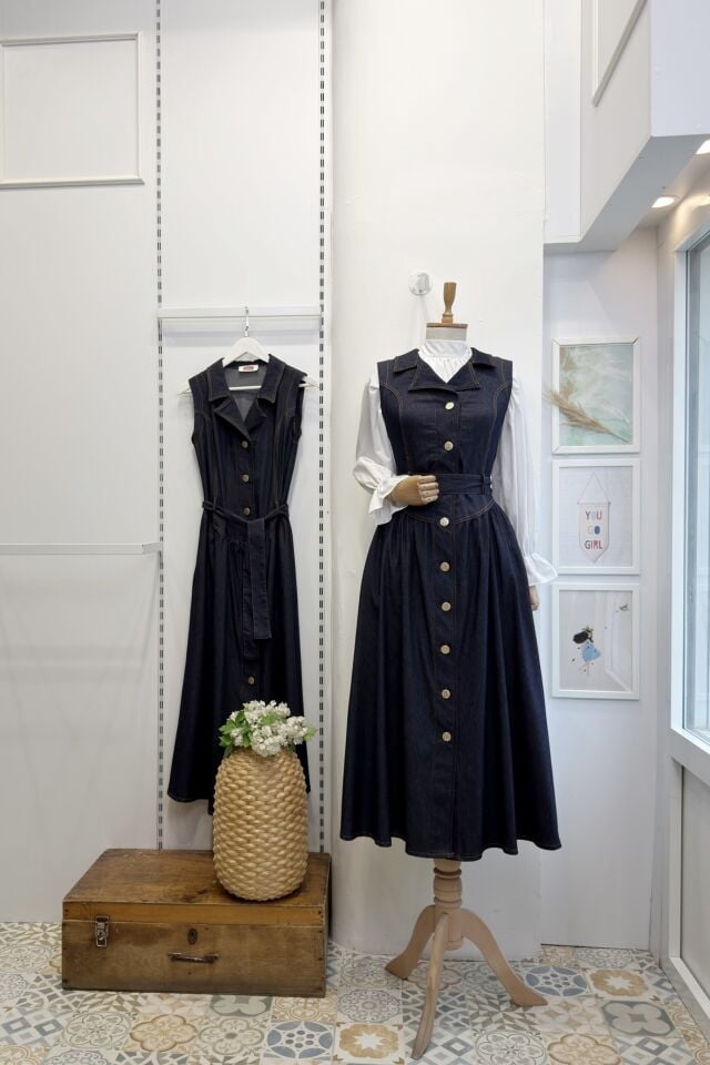 Lacivert Bel Detaylı Gömlek Yaka Kot Jile