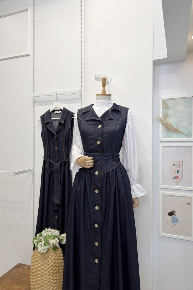 Lacivert Bel Detaylı Gömlek Yaka Kot Jile