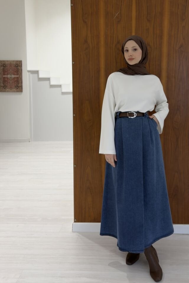 Koyu Renk Kot Kumaş Kemerli Arain Etek