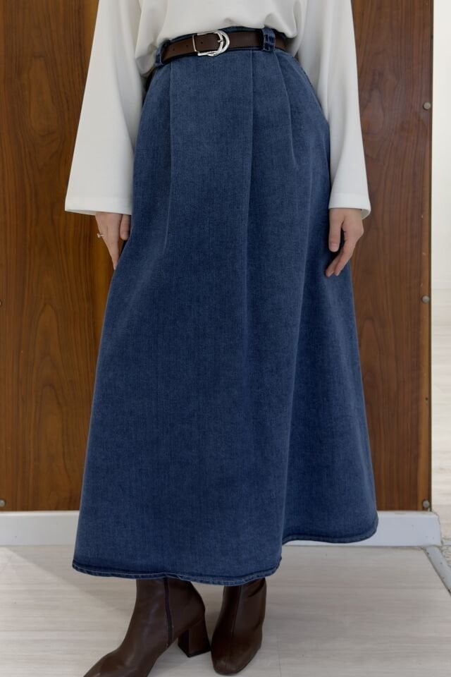 Koyu Renk Kot Kumaş Kemerli Arain Etek