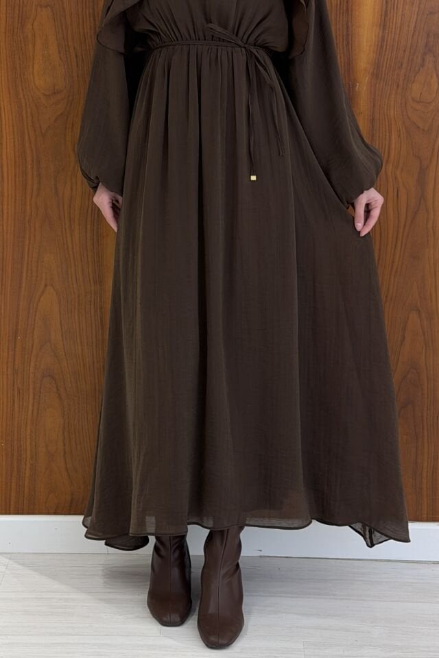 Kahverengi Arvella Şifon Volanlı Elbise