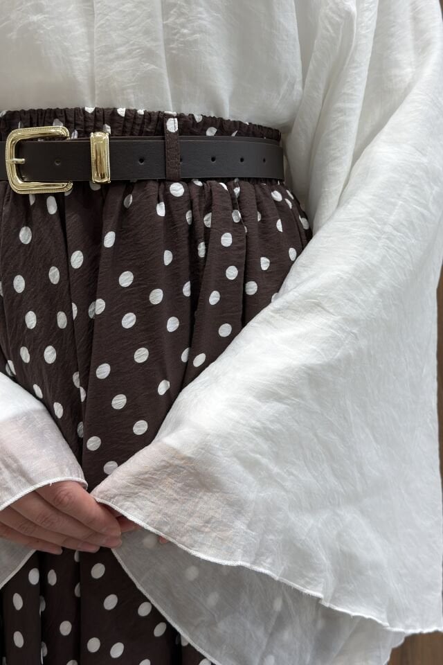 Kahve Zeminli Beyaz Puantiyeli Kemerli Ceinture Etek