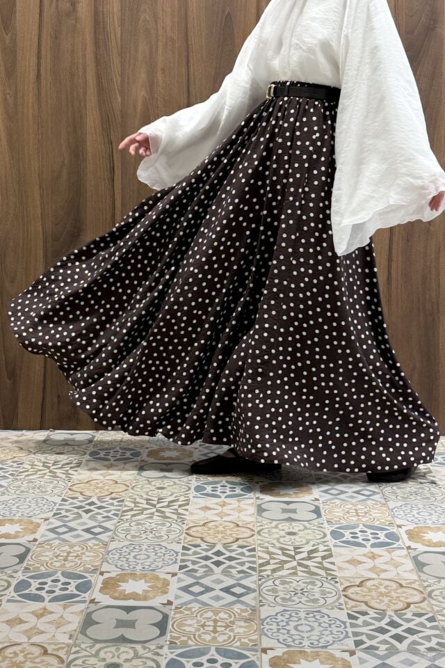 Kahve Zeminli Beyaz Puantiyeli Kemerli Ceinture Etek