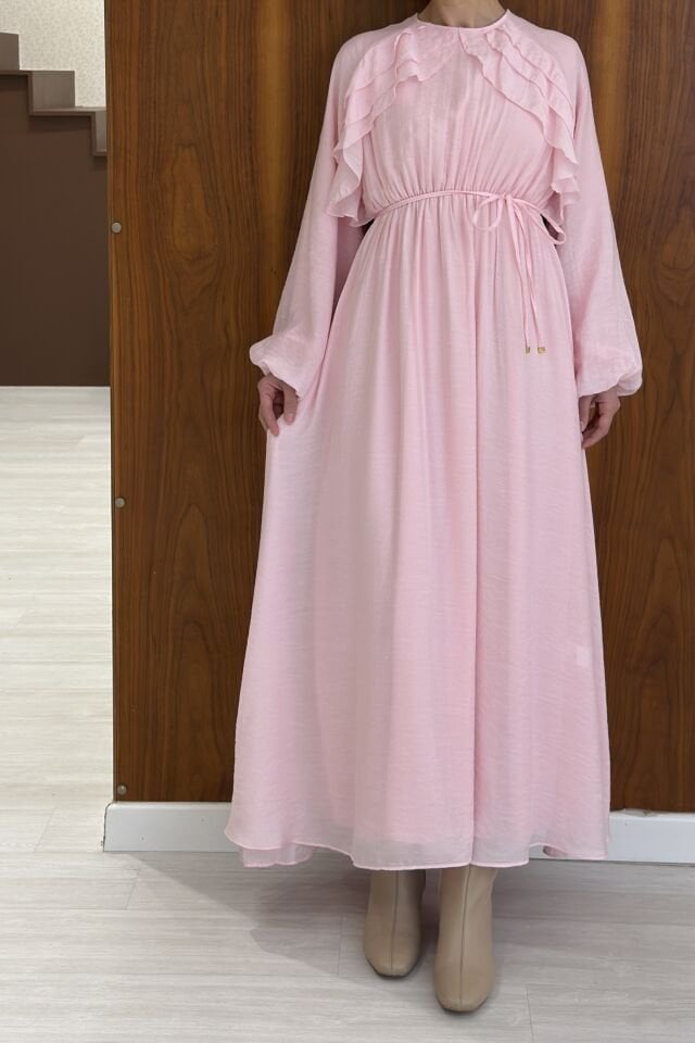 Toz Pembe Arvella Şifon Volanlı Elbise