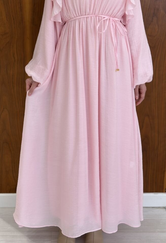 Toz Pembe Arvella Şifon Volanlı Elbise