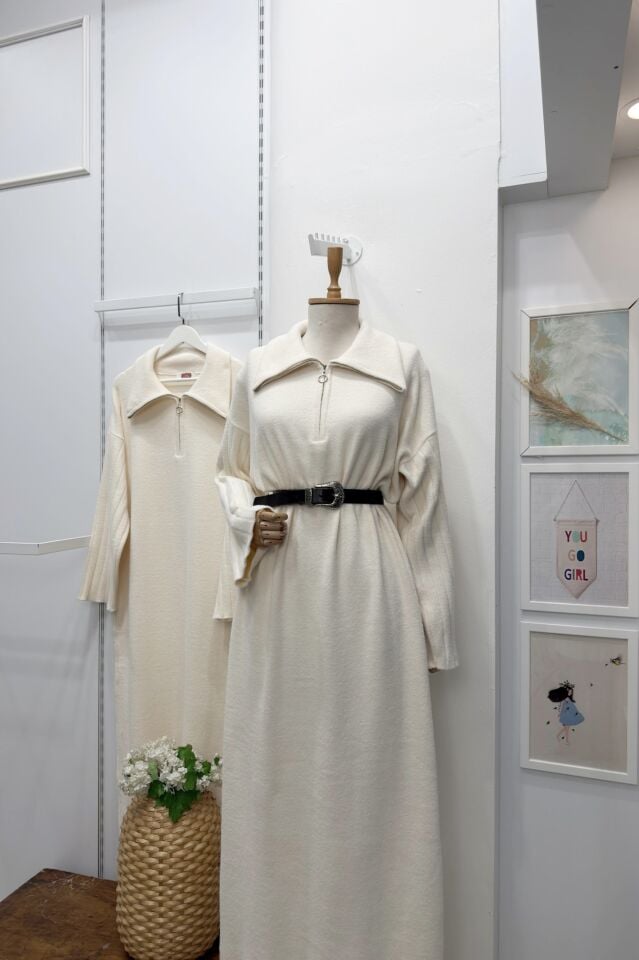 Ekru Kolları Pile Detaylı Fermuarlı Triko Elbise 44102