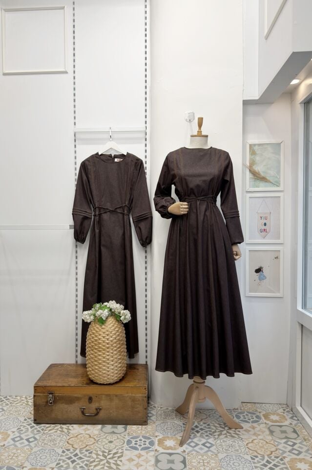 Kahverengi Kot Kumaş Alize Elbise