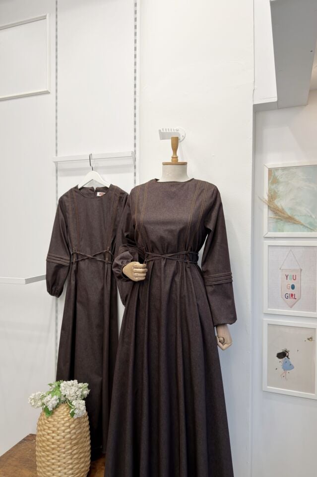 Kahverengi Kot Kumaş Alize Elbise