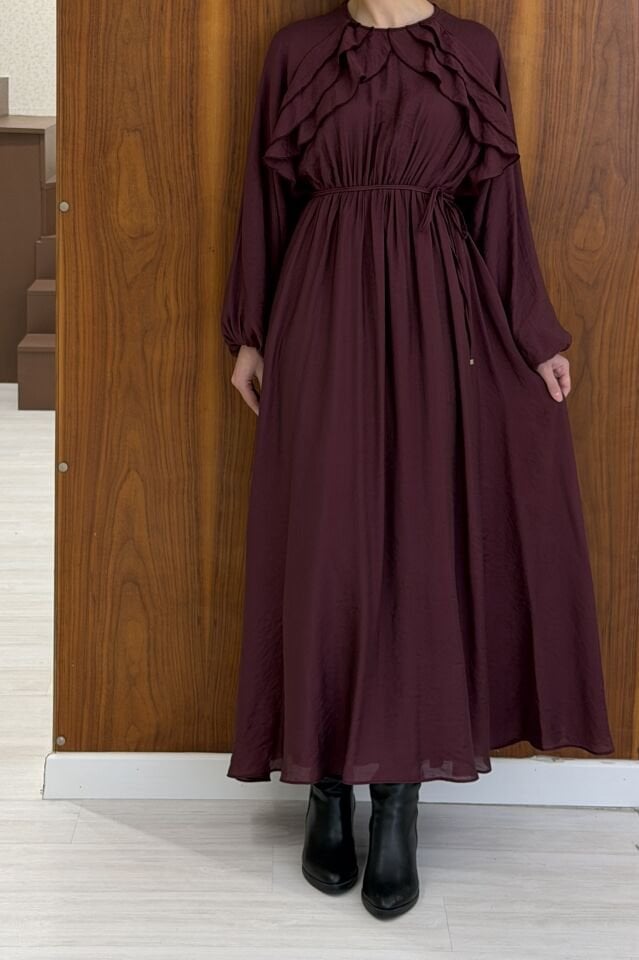 Bordo Arvella Şifon Volanlı Elbise