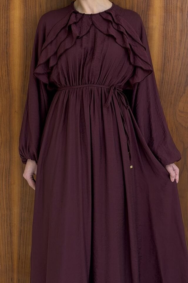 Bordo Arvella Şifon Volanlı Elbise