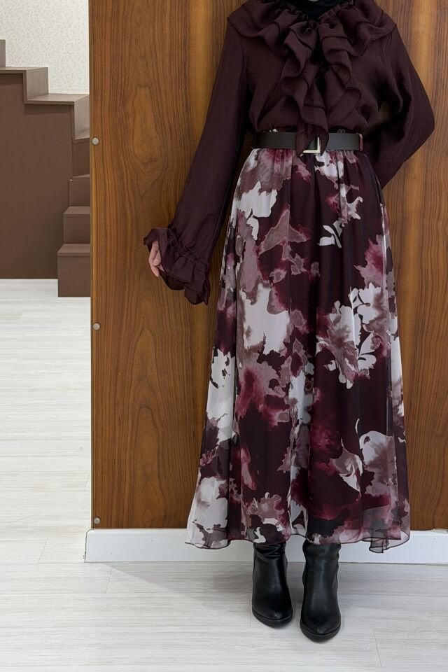 Bordo Volanlı Gömlek Detaylı Mira Takım