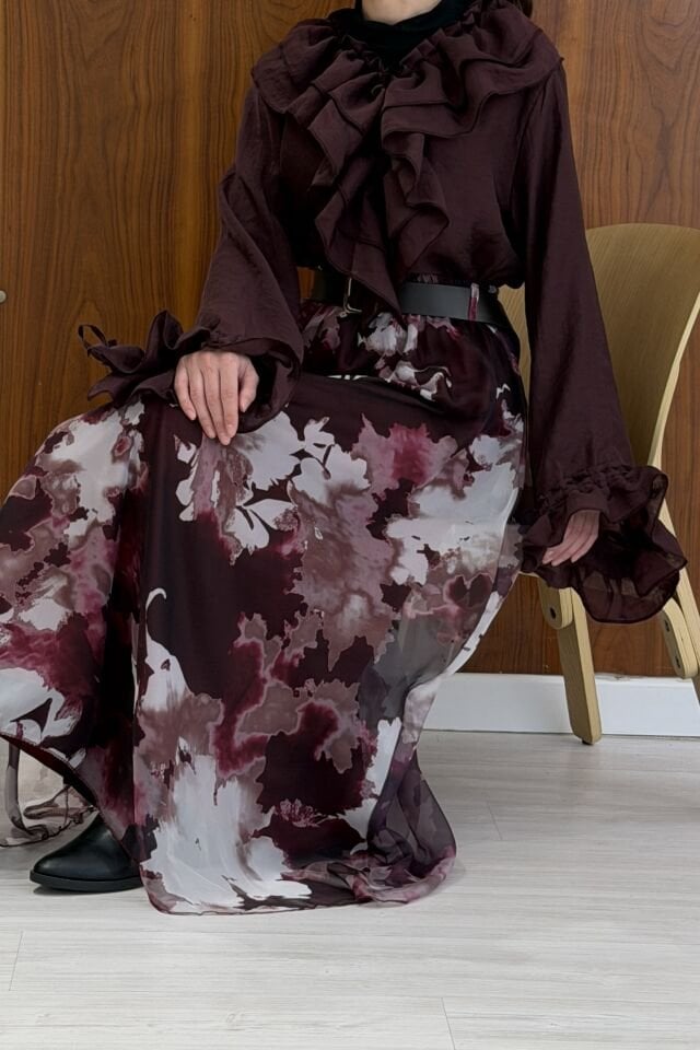 Bordo Volanlı Gömlek Detaylı Mira Takım