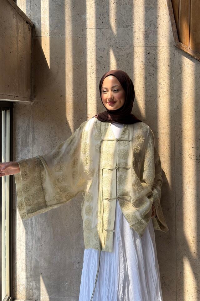 Yeşil Jakarlı Roselle Şifon Kimono