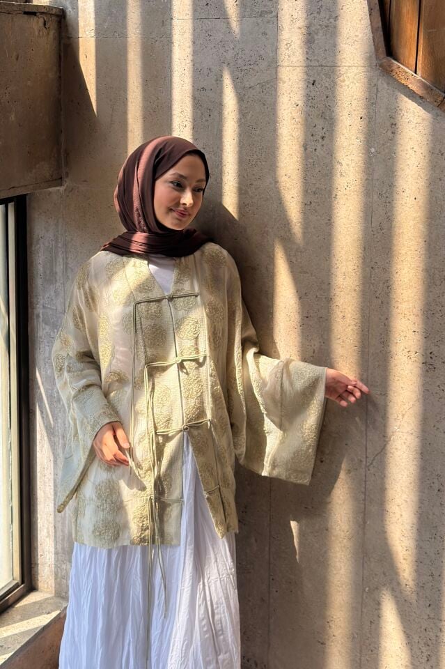 Yeşil Jakarlı Roselle Şifon Kimono