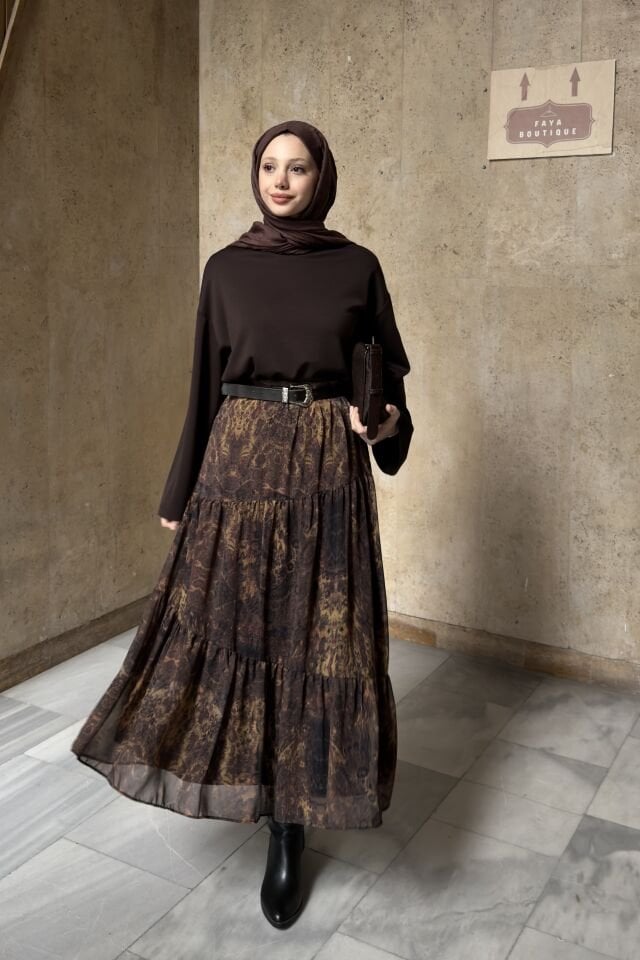 Kahverengi Desenli Orelia Şifon Etek