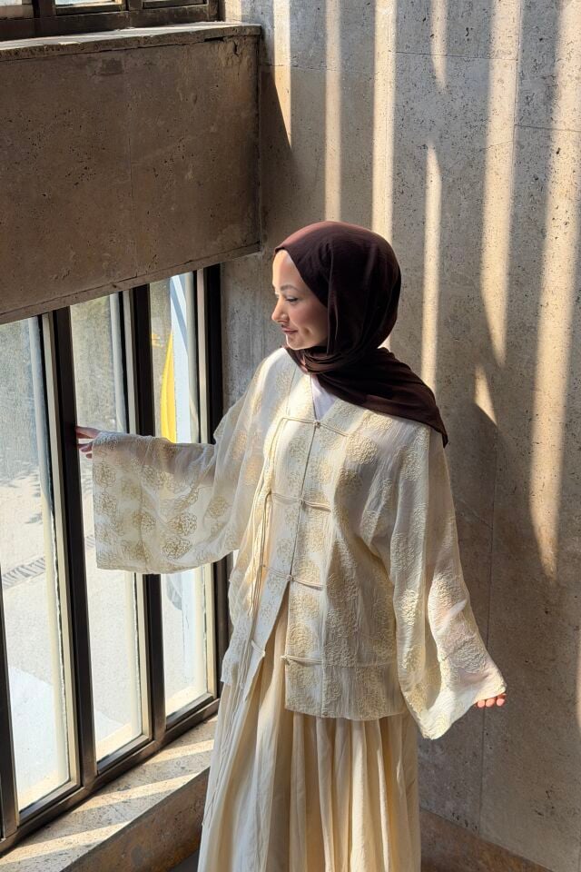 Krem Jakarlı Roselle Şifon Kimono