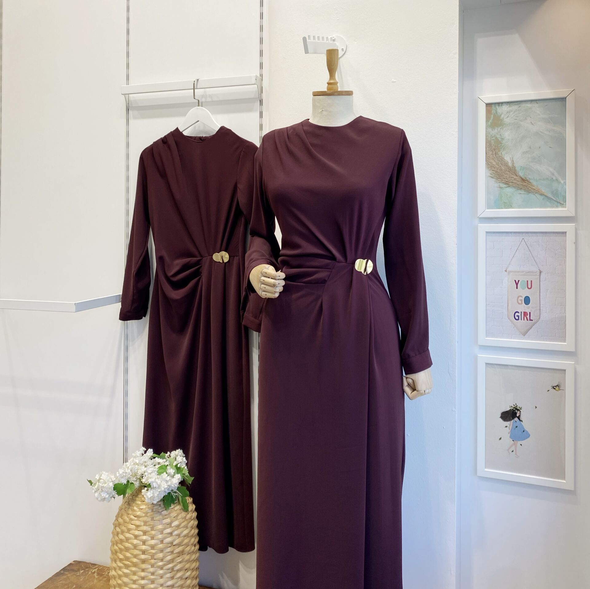 Bordo Toka Detaylı Elbise