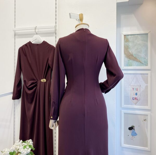 Bordo Toka Detaylı Elbise