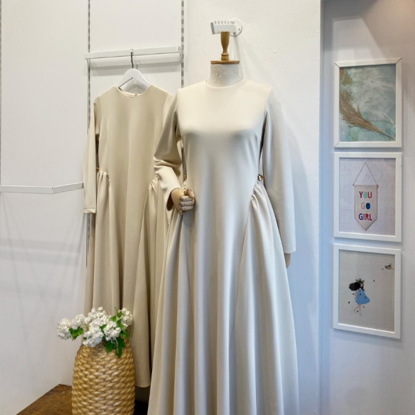 Krem Scuba Kumaş Atine Elbise