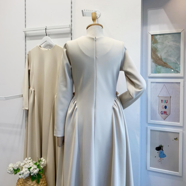 Krem Scuba Kumaş Atine Elbise