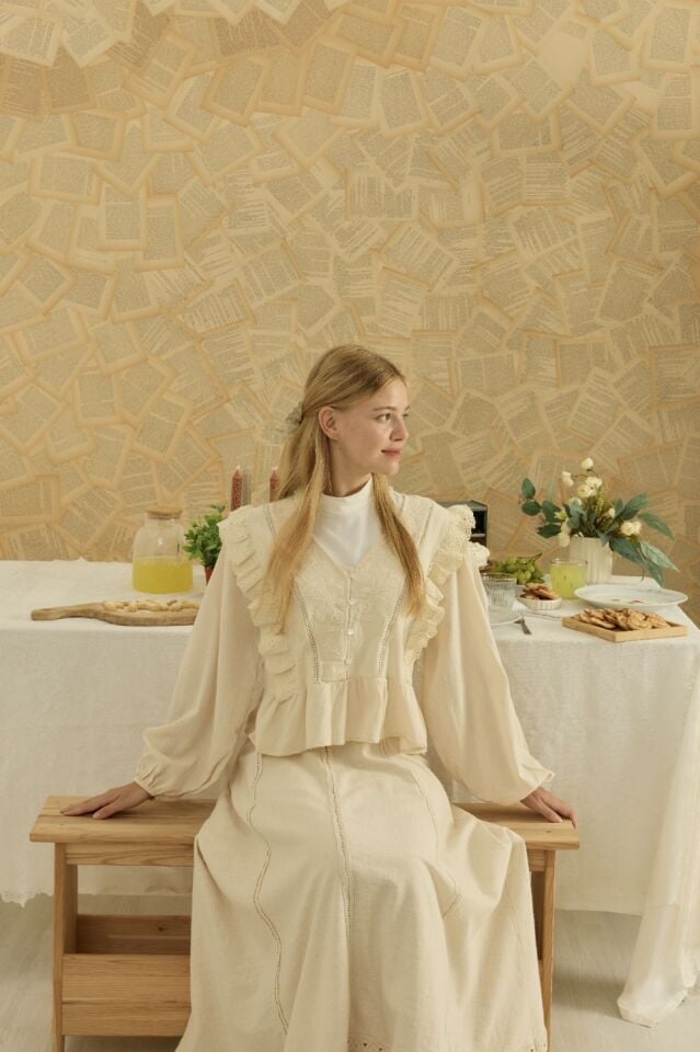 Krem İşlemeli Esquer Keten Gömlek