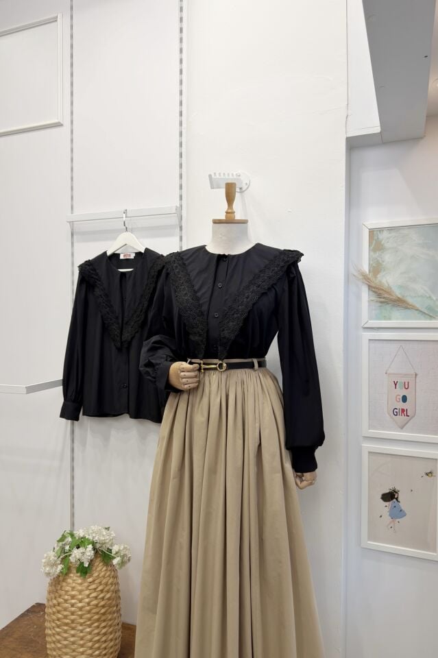 Siyah Fisto Detaylı Şal Yaka Gömlek