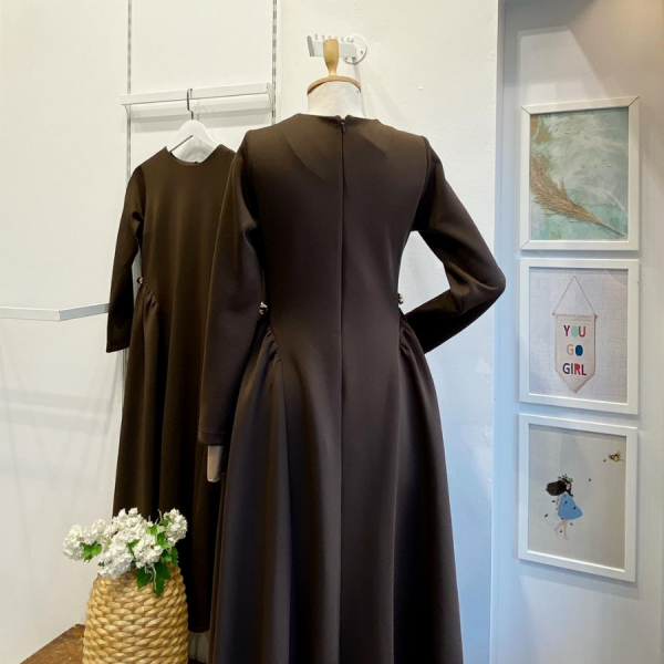 Kahverengi Scuba Kumaş Atine Elbise