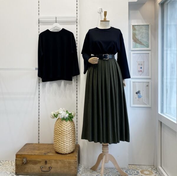 Deri Kemerli Haki Yeşili Lacelle Yün Etek