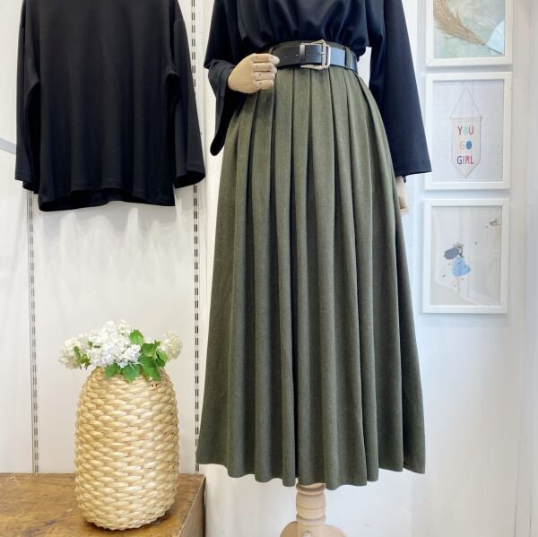 Deri Kemerli Haki Yeşili Lacelle Yün Etek