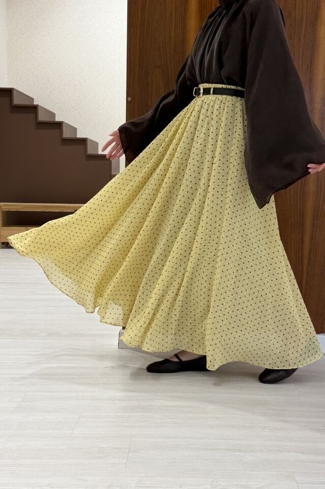 Minik Puantiyeli Sarı Dokulu Ceinture Etek