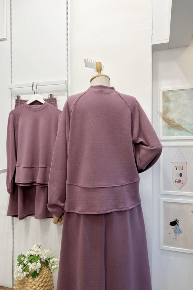 Gül Kurusu Plaid Sweatli Etekli Takım