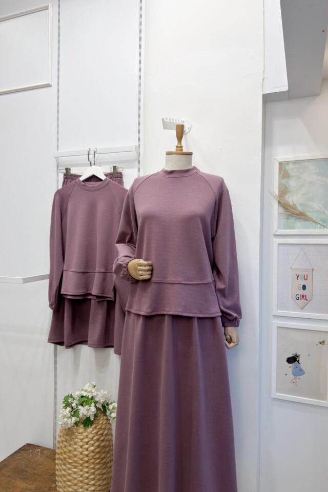 Gül Kurusu Plaid Sweatli Etekli Takım