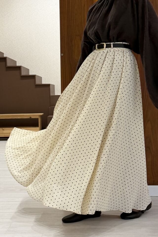 Minik Puantiyeli Krem Dokulu Ceinture Etek