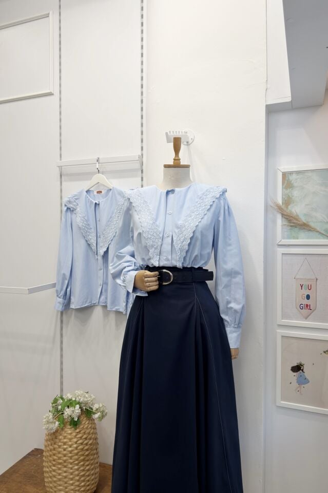 Mavi Fisto Detaylı Şal Yaka Gömlek