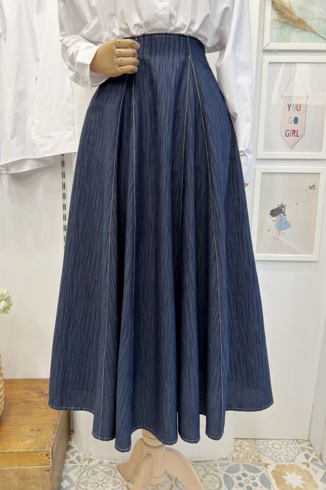 Lacivert Yağmur Desenli Viskon Etek